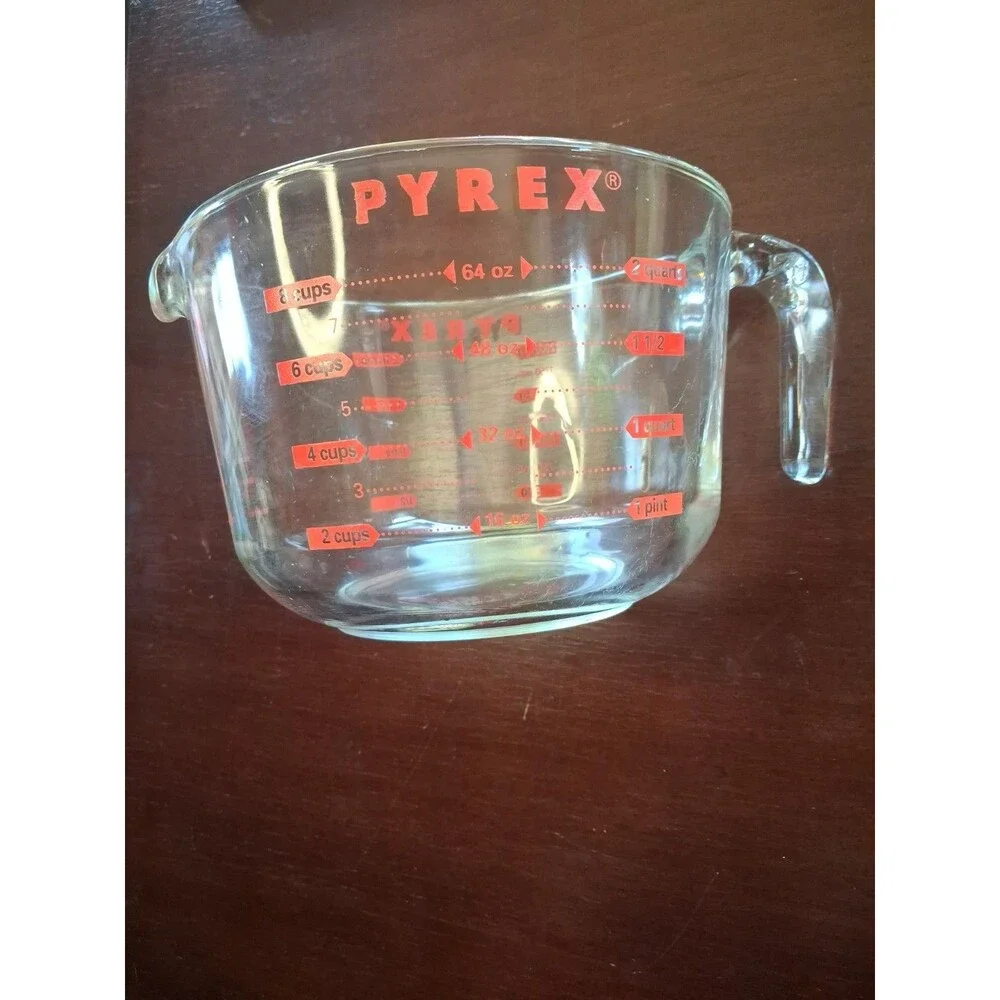PYREX Glass Liquid Measuring 8 Cup 64 oz 2 Quart Liter Clear Red Letters-USA
